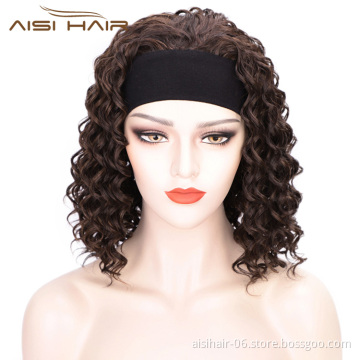 Aisi Hair Short Heat Resistant Synthetic Curly Wigs Half Ladies 3/4 Wig With Headband Brown Wigs Long Straight for Women
